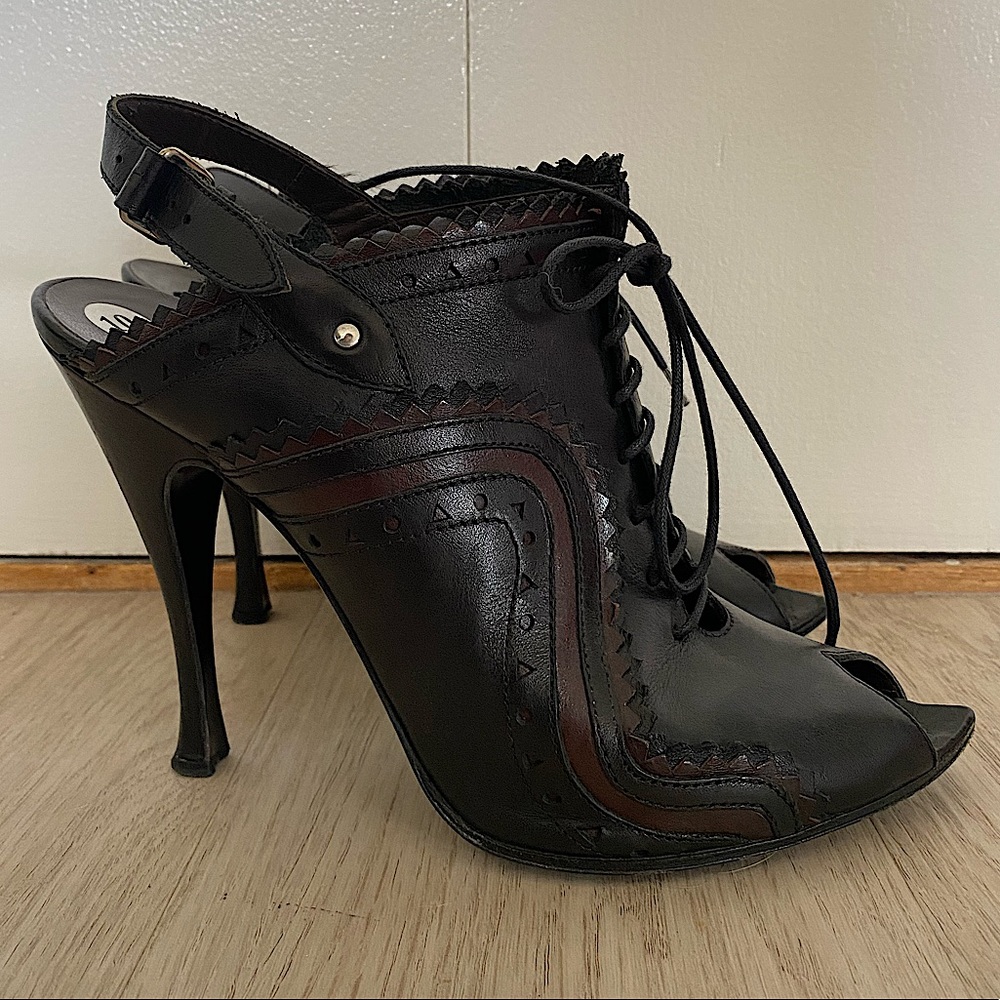 Vintage Balenciaga Black and Brown Leather Ankle Boots Heels
